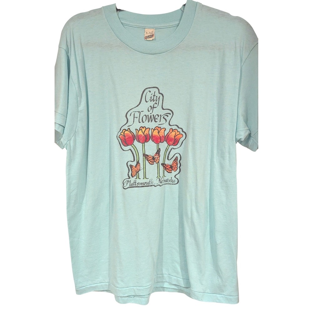 Screen Stars Vintage T Shirt XL Blue Plattsmouth City of Flowers Tulips 80s Tee